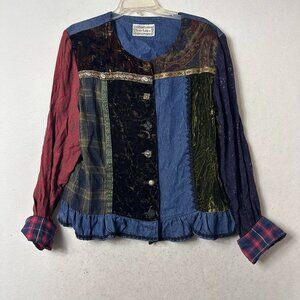 Lucia Lukken shirt top Sz XL mixed media eclectic buttons hippie boho peasant